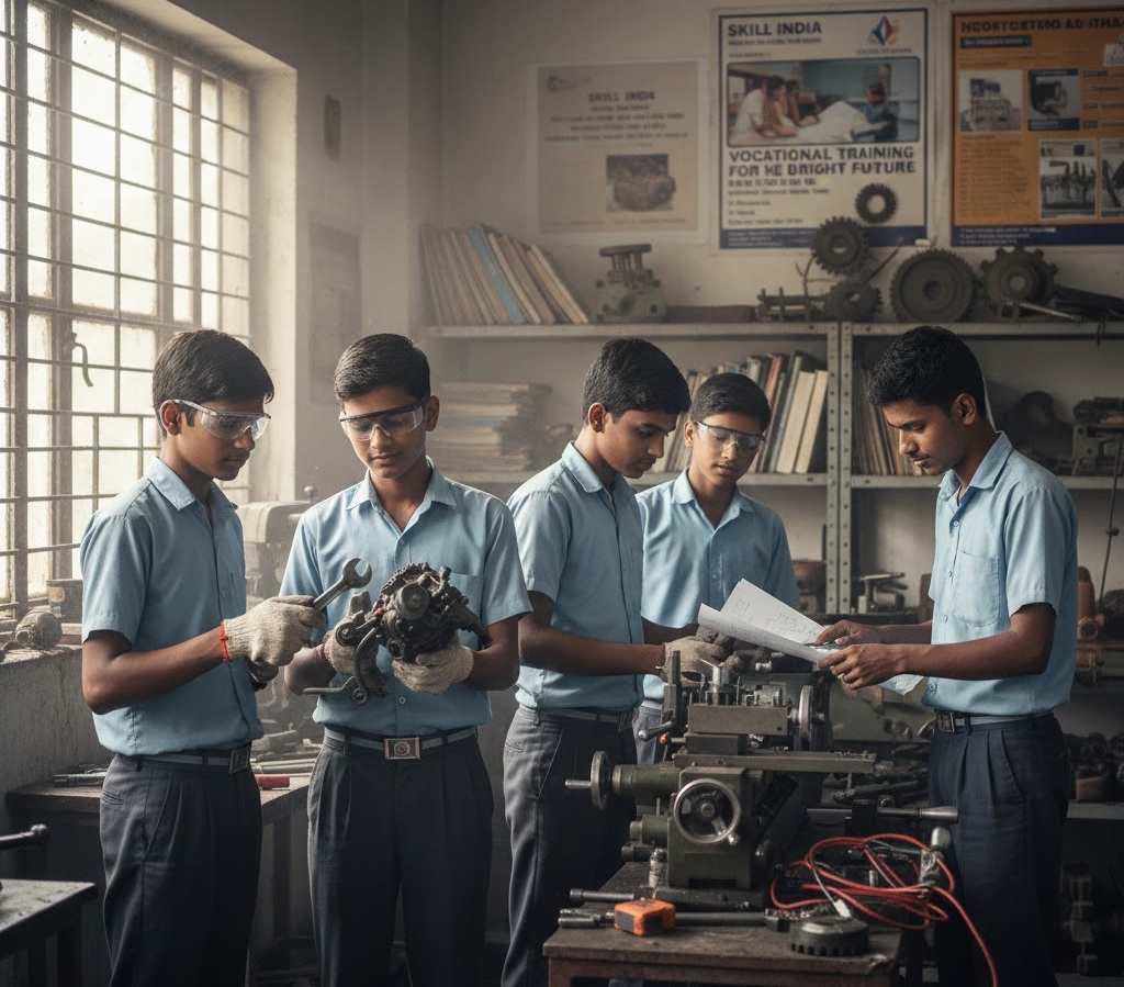 A young boy holding a tool, learning a trade